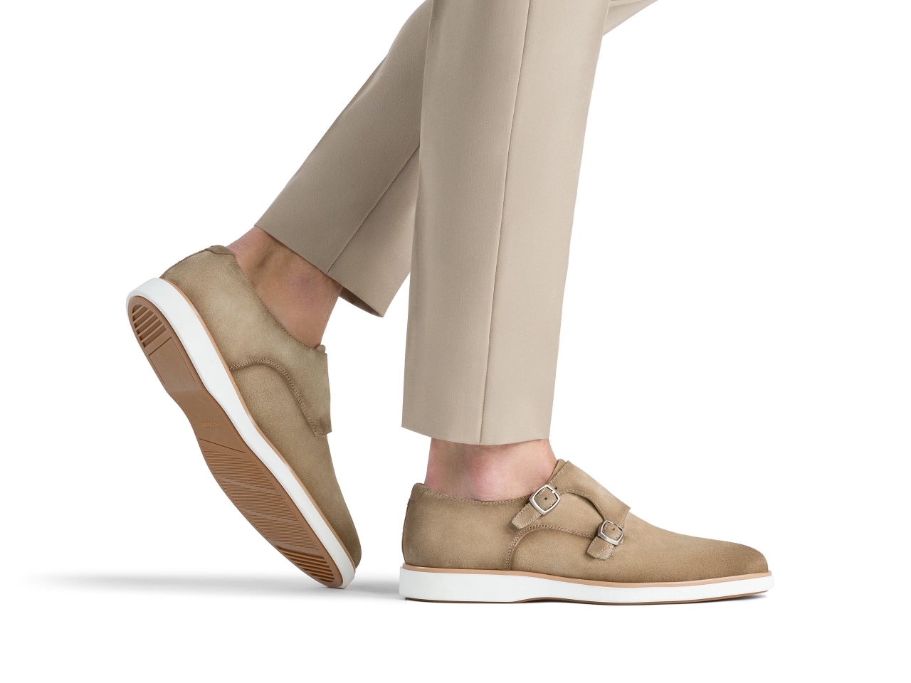 The Lucca Cream Suede pairs well with light khaki pants
