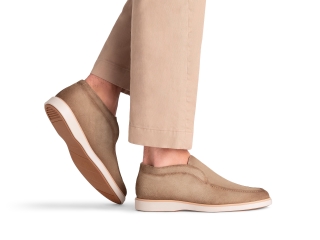 The Loda Taupe suede pairs well with light khaki pants